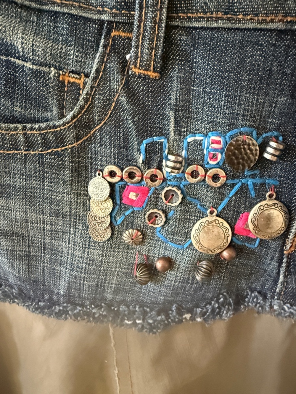 2K Miss Sixty Two-Tone Denim and Khaki A-Line Skirt with Embellished Accents Fun - Picture 6 of 6